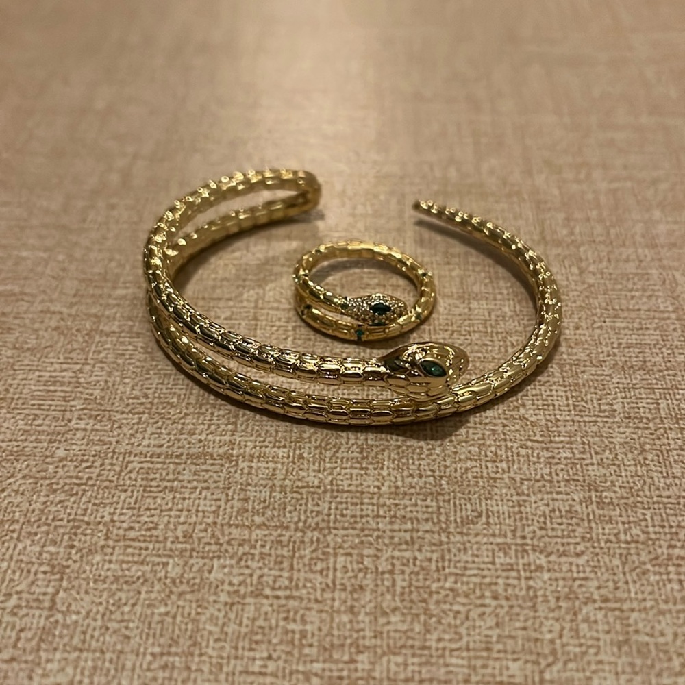 Gold snake ring and bracelet with green rhinestones